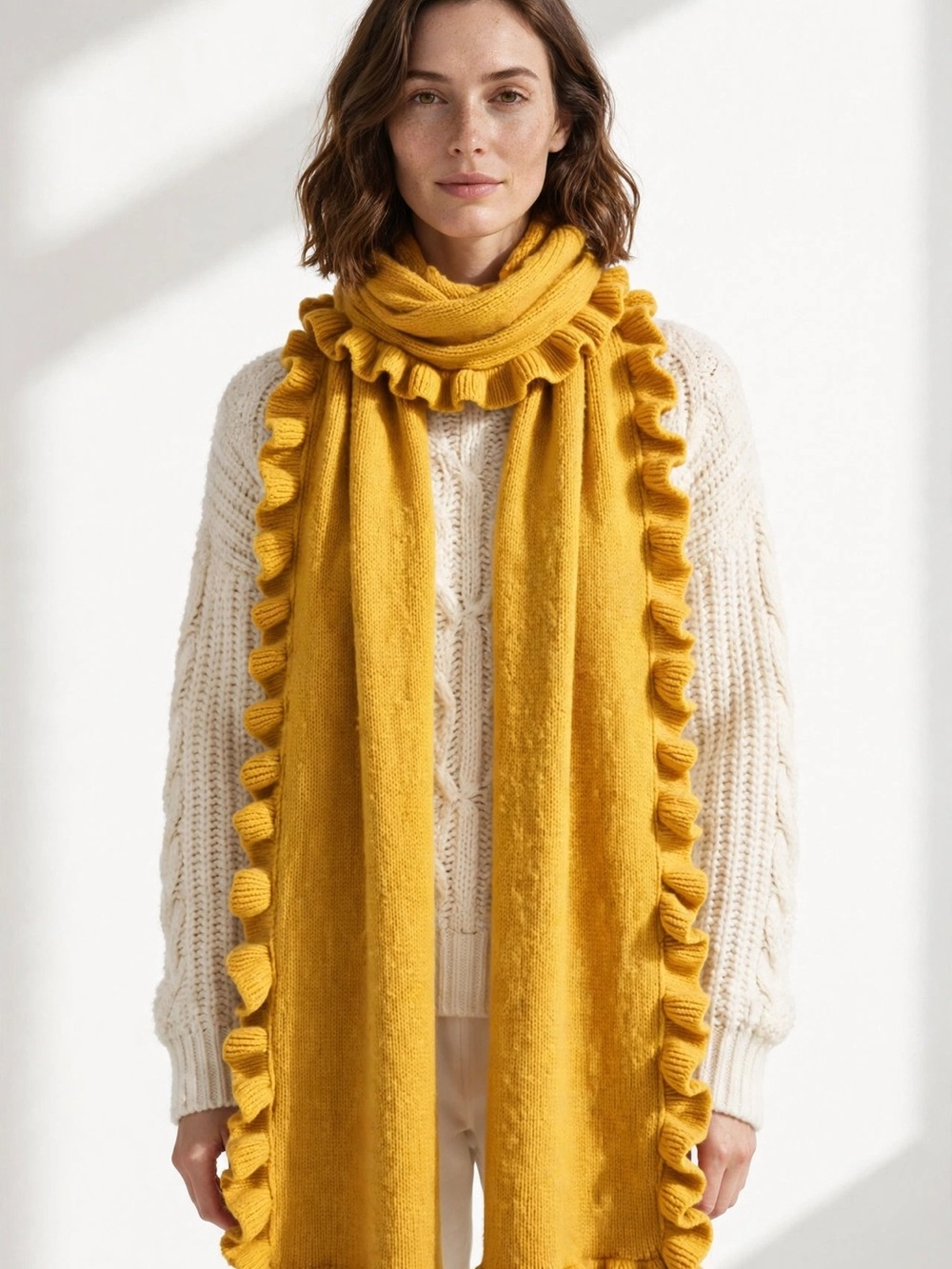 Free people Women’s Ruffled Knit scarf in Mustard Yellow large cashmere